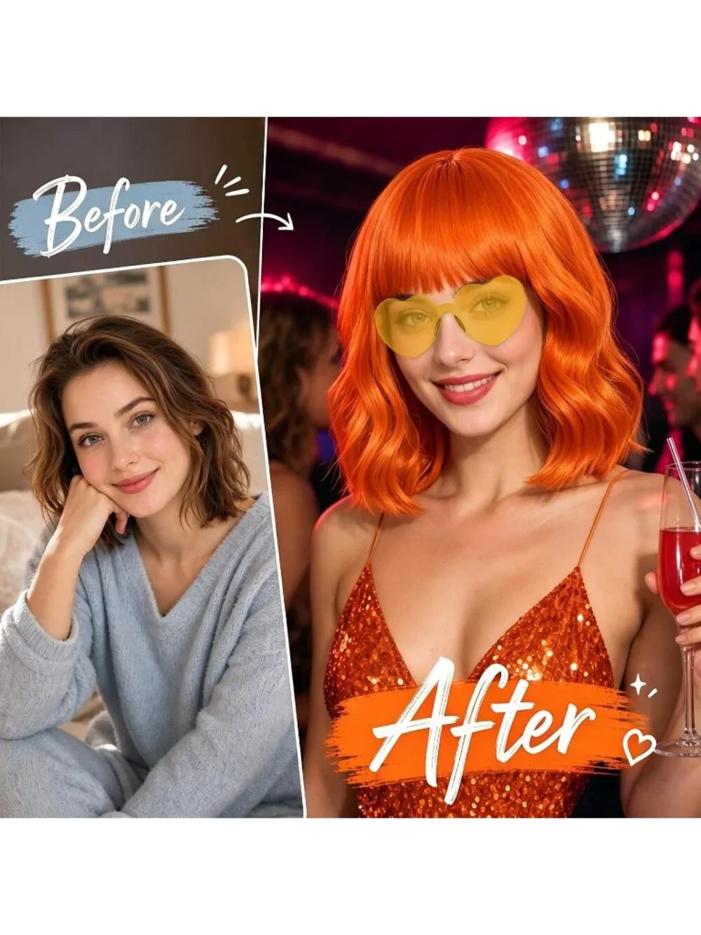 Women's Orange Curly Bob Synthetic Wigs Bangs With Neon Heart Sunglasses